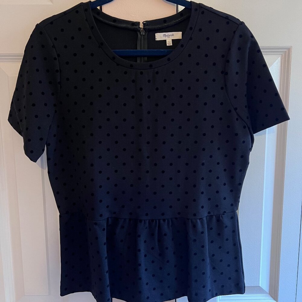 Madewell L Black Velvet Polka-Dot Peplum Top